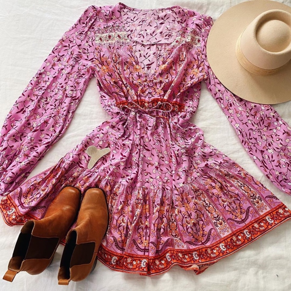 Boho Hippie Gypsy Floral print pink ruffle dress - Picture 12 of 16